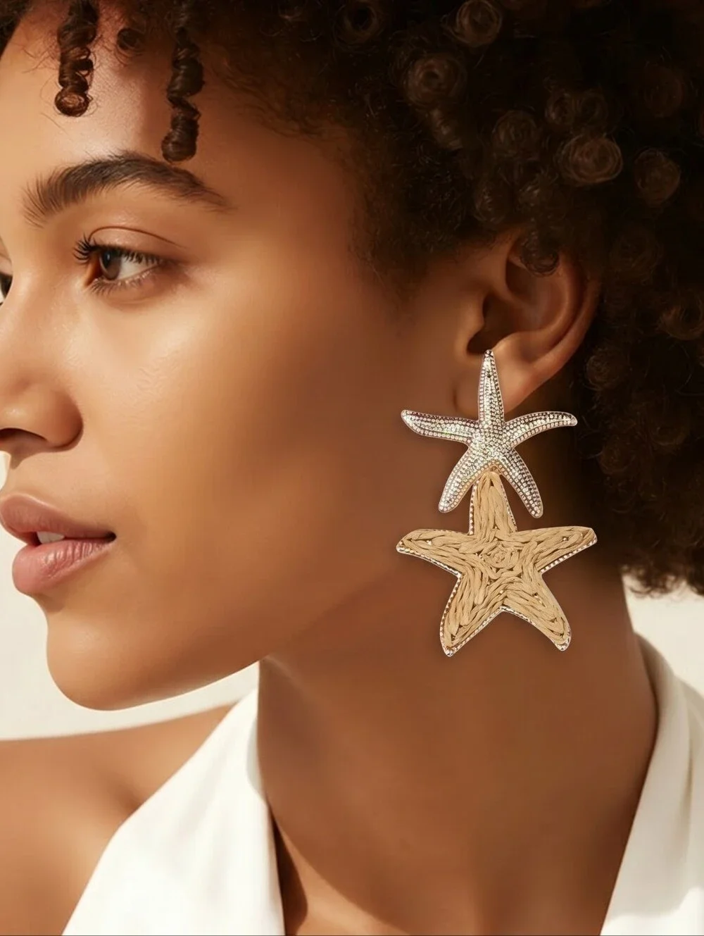 Gold Raffia Starfish Earrings Coastal Resort Statement Dangles Euro Summer Chic